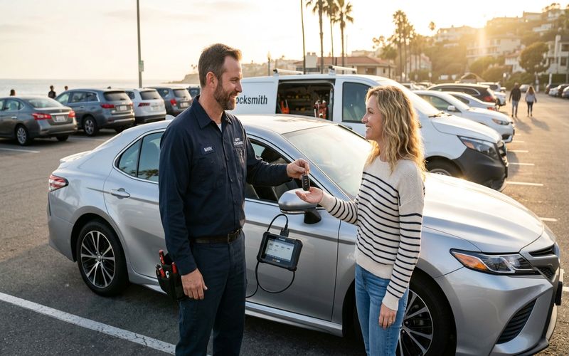 Automotive locksmith programming a transponder car key in Foster City California