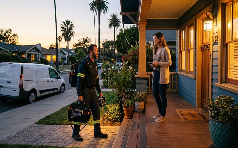 Locksmith arriving to help a homeowner locked outside their Foster City home