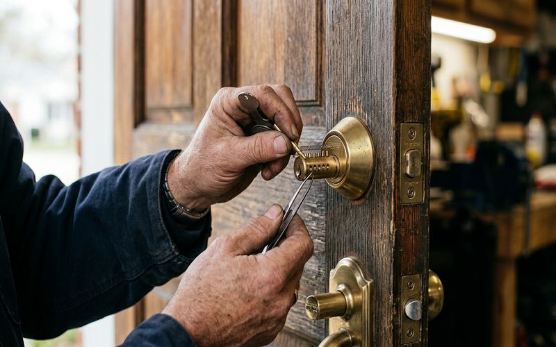 Locksmith rekeying a door lock cylinder at a Foster City California residential property