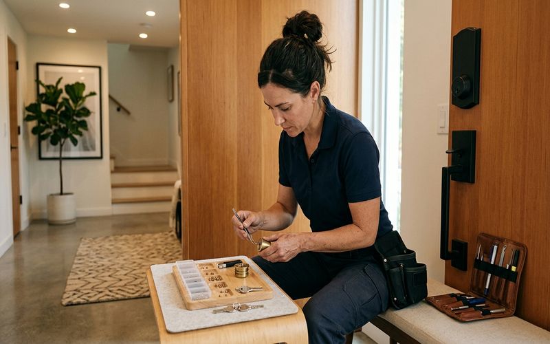 Locksmith rekeying a residential deadbolt cylinder at a Foster City home