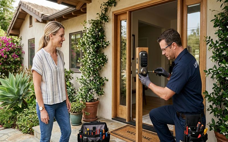 Smart keypad deadbolt installed on a Foster City California residential front door